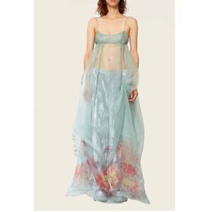 Collina Strada Organza Sheer Babydoll Maxi Imogen Sik Dress Mint Chrysanthemum